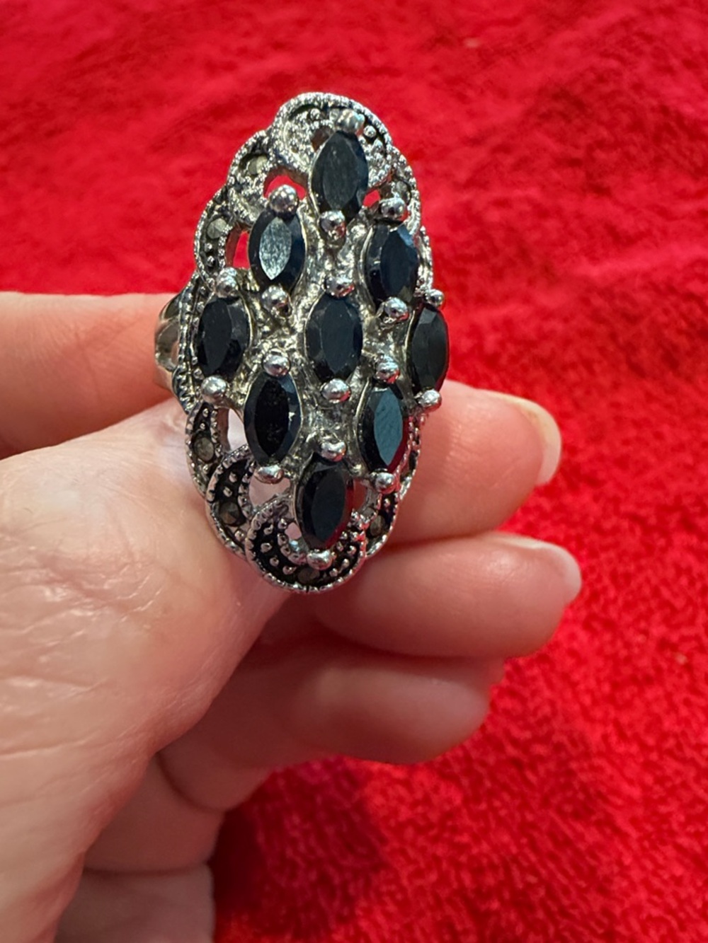 Vintage Silver Tone Marcasite Black Marquis Cluster Shield Ring